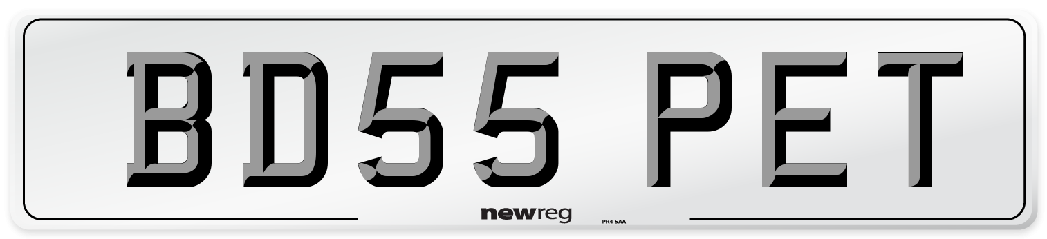 BD55 PET Number Plate from New Reg